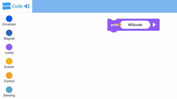 VEX IQ ブロックのプログラミング インターフェイスを示す図。さまざまなプログラミング ブロックとその機能を紹介しており、教育者と学生が VEX IQ プラットフォーム内でロボット工学の概念を学習するのに役立つように設計されています。