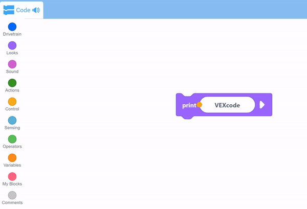 Nachdem der Textparameter des Druckblocks als Anfügepunkt gespeichert wurde, wird die Toolbox geöffnet und ein Timer-in-Sekunden-Block ausgewählt und dann an den Druckblock angefügt.