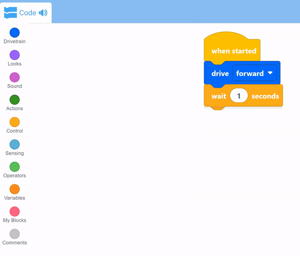 VEXcode interfész a blokkok kötegével, amely egy When Started blokkból, egy Drive blokkból és egy Wait blokkból áll. A kurzorsáv a verem alján található. Megnyílik az eszköztár, és hozzáadunk egy Drive-irányérzékelő blokkot, de mivel nem tud a köteg aljához rögzíteni, ehelyett önmagában kerül elhelyezésre.