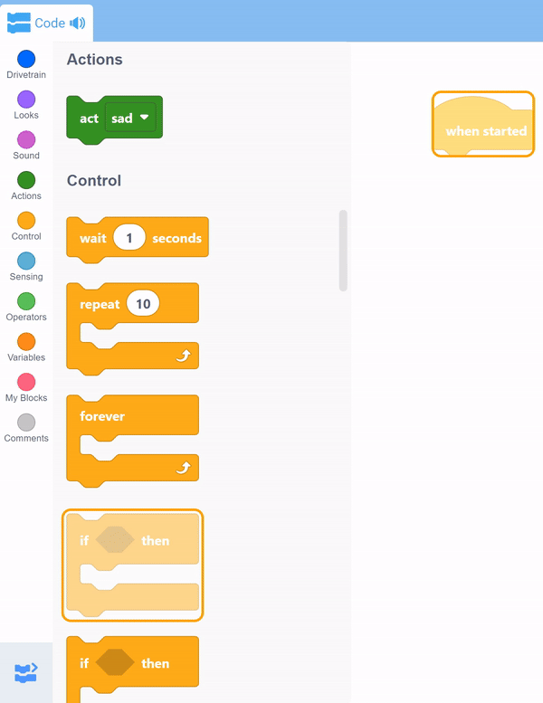 Rozhraní VEXcode 123 s otevřeným Toolboxem a kurzorem Toolbox na bloku Wait v kategorii Control. Po stisku klávesy Enter se Toolbox zavře a blok Wait je přidán do pracovního prostoru kódování jako vlastní zásobník.