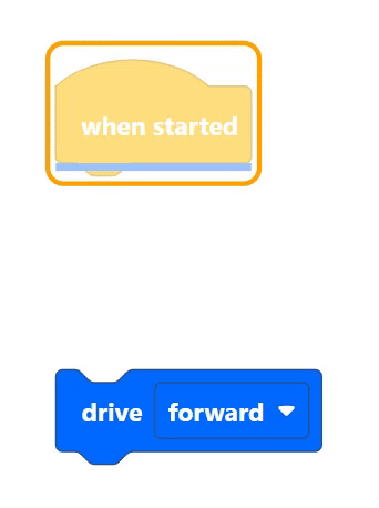 Interface VEXcode 123 com as teclas W e S a serem utilizadas para navegar até ao bloco desejado que será adicionado à posição da barra do cursor azul.
