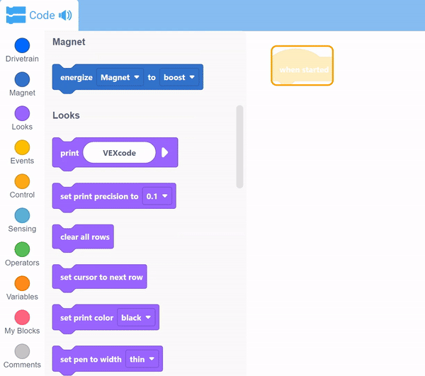 Schemat ilustrujący interfejs programistyczny VEX IQ Blocks, prezentujący różne bloki programistyczne i ich funkcje, zaprojektowany, aby pomóc nauczycielom i uczniom w poznawaniu koncepcji robotyki poprzez programowanie wizualne.