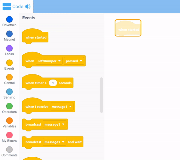 Zrzut ekranu interfejsu instruktażowego VEX IQ Blocks, prezentującego bloki programistyczne i opcje budowy i sterowania robotami. Jest on przeznaczony do celów edukacyjnych dla początkujących w dziedzinie robotyki.