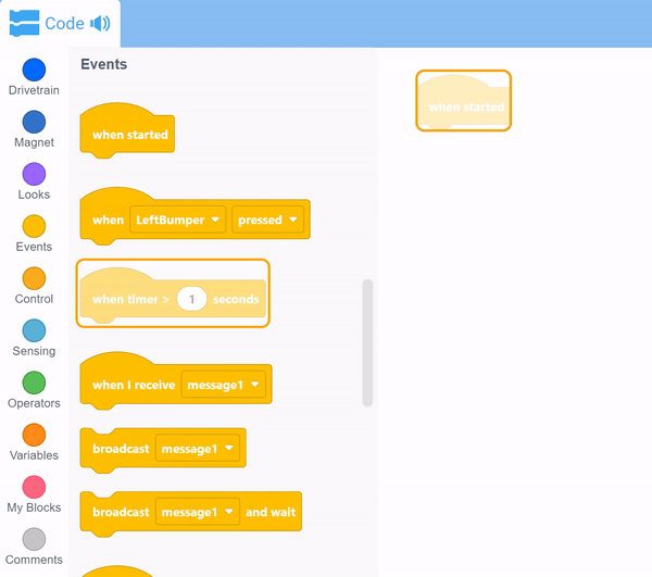 Zrzut ekranu interfejsu instruktażowego VEX IQ Blocks, prezentującego bloki programistyczne i opcje budowy i sterowania robotami, przeznaczonego do celów edukacyjnych i dla początkujących entuzjastów robotyki.