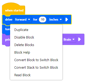 Diagram znázorňující bloky V5 pro robotiku, předvádějící různé typy bloků a jejich spojení ve formě výukového programu pro vzdělávací účely.