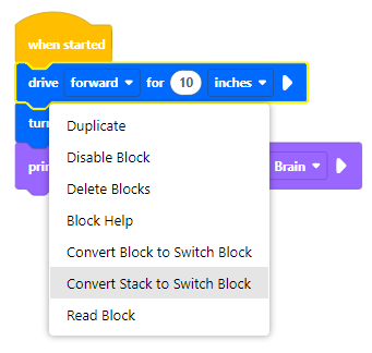 Diagram znázorňující různé bloky V5 používané v robotickém programování, ukazující jejich funkce a spojení v kontextu výukových programů bloků.