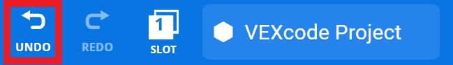 Panel nástrojů VEXcode EXP se zvýrazněnou ikonou Zpět nalevo od ikony Znovu.