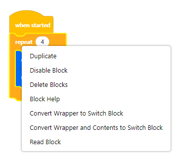 El bloque de repetición que contiene otros bloques tiene su menú contextual abierto. Las opciones Convertir en Bloque de Conmutación han cambiado porque este es un bloque C, y ahora lea Convertir Envoltorio en Bloque de Conmutación y Convertir Envoltorio y Contenido en Bloque de Conmutación.