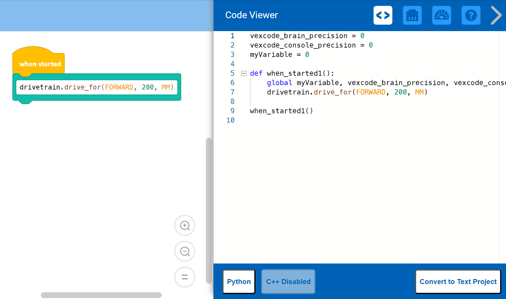 VEXcode IQ Code Viewer-interface met Python-code. Onderaan de afbeelding ziet u twee knoppen: 'Python' (geselecteerd) en 'C++ uitgeschakeld'. Deze knoppen benadrukken dat C++ niet beschikbaar is wanneer er een Switch Block in de werkruimte staat.