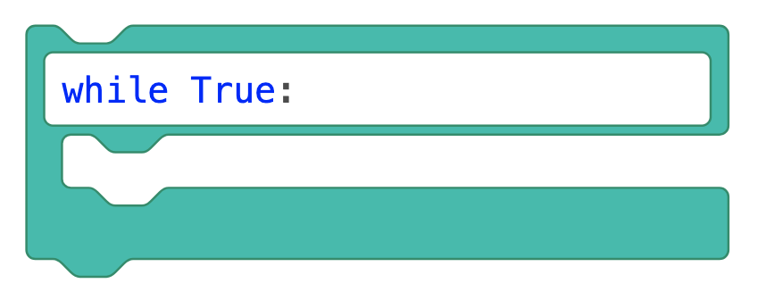 Schakelblok met de pythoncode `while True:`.