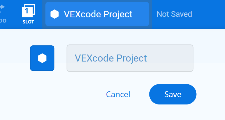 Po wybraniu nazwy projektu kliknij VEXcode IQ, aby otworzyć okno Nazwa projektu. Status zapisywania wyświetla się jako Nie zapisano, a przycisk poniżej wyświetla informację Zapisz.
