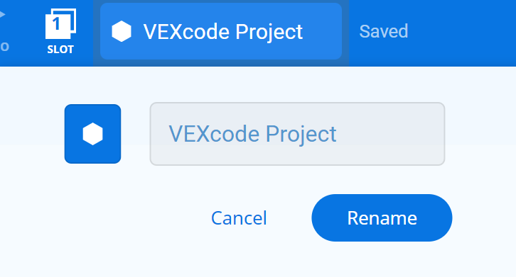 Po wybraniu nazwy projektu kliknij VEXcode IQ, aby otworzyć okno Nazwa projektu. Status zapisywania to Zapisano, a przycisk poniżej to Zmień nazwę.