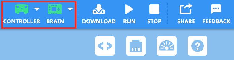 VEXcode V5 araç çubuğunu gösteren bir ekran görüntüsü. Araç çubuğunda, proje için seçili aygıtların bunlar olduğunu gösteren kırmızı renkle vurgulanmış 'DENETLEYİCİ' ve 'BEYİN' simgeleri bulunur. Bunların yanında 'İNDİR', 'ÇALIŞTIR', 'DURDUR', 'PAYLAŞ' ve 'GERİ BİLDİRİM' butonları yer alıyor.