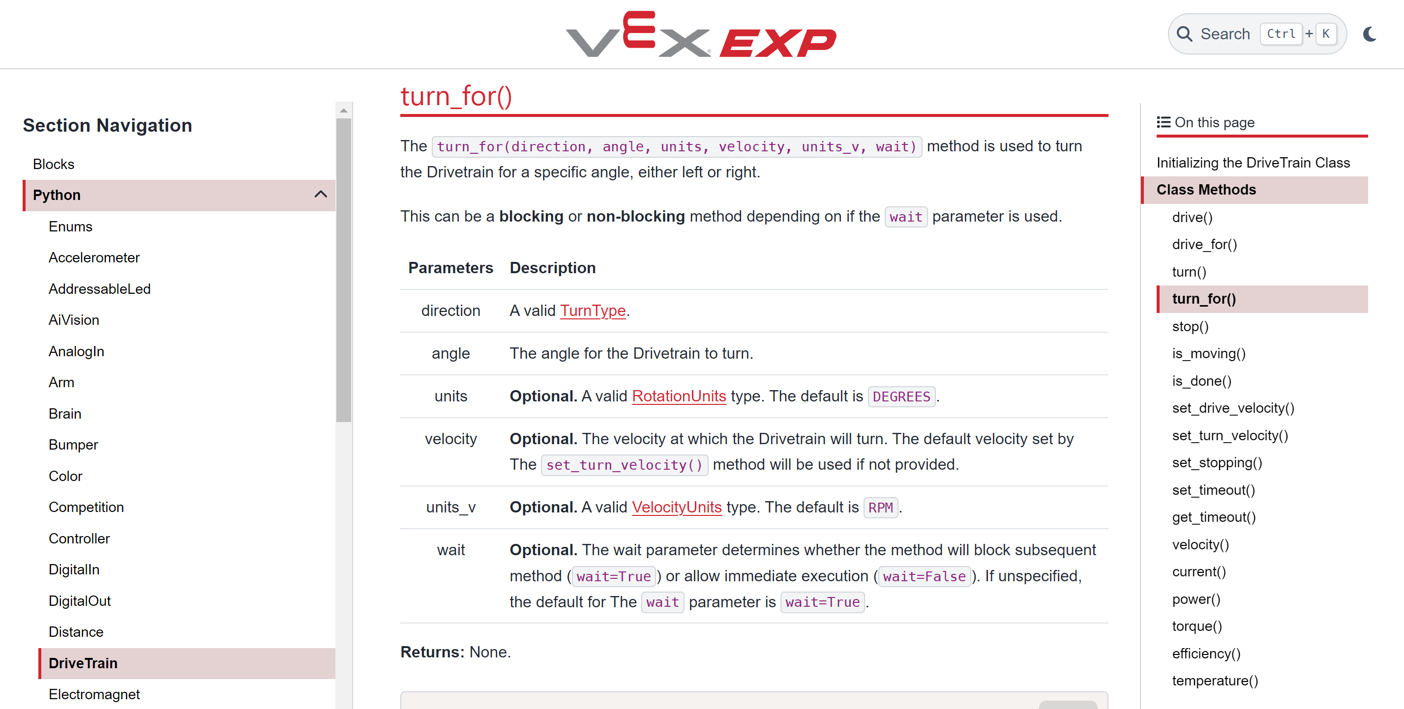 Una captura de pantalla del sitio web de referencia de la API VEX EXP, que muestra la documentación del método turn_for() en la clase DriveTrain. El método turn_for() se utiliza para girar el tren motriz en un ángulo específico en cualquier dirección. Los parámetros enumerados incluyen la dirección (un TurnType válido), el ángulo (el ángulo para que gire el tren de transmisión), las unidades (opcional, con un valor predeterminado de GRADOS), la velocidad (opcional), las unidades_v (opcional, con un valor predeterminado de RPM) y la espera (opcional). El método puede ser bloqueante o no bloqueante, dependiendo del parámetro wait.