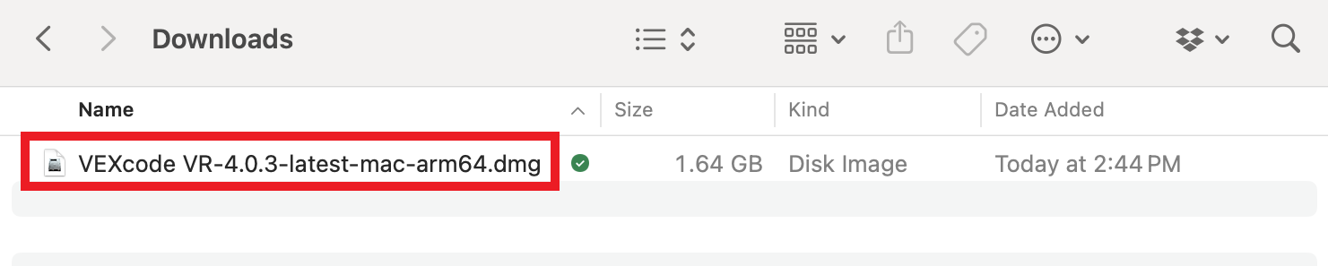 In einem Dateimanagerfenster wird der Ordner „Downloads“ mit einer rot hervorgehobenen Datei namens „VEXcode VR-4.0.3-latest-mac-arm64.dmg“ angezeigt. Die Datei ist 1,64 GB groß und wird als Disk-Image aufgeführt.