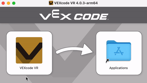 GIF, joka näyttää VEXcode VR 4.0.3-arm64:n asennusprosessin macOS:ssä. Käyttäjä vetää VEXcode VR -kuvakkeen ikkunan vasemmalta puolelta oikealla olevaan Sovellukset-kansion kuvakkeeseen näytön nuolen mukaan. VEXcode-logo ja versionumero näkyvät ikkunan yläosassa, opastaen käyttäjää vetämällä ja pudottamalla asennusprosessin läpi.