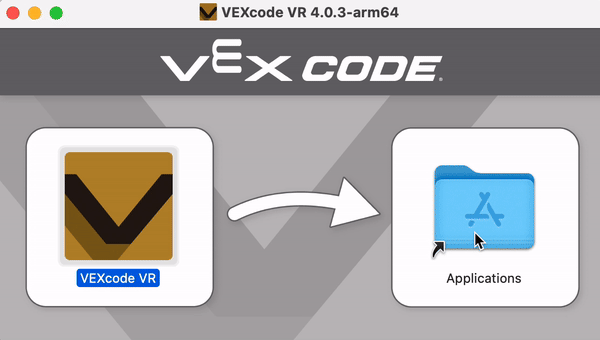 Tässä GIF:ssä näkyy VEXcode VR 4.0.3-arm64:n asennusikkuna. Asennuspalkki tulee näkyviin, täyttyy kokonaan ja katoaa sitten. Ikkunan yläosassa näkyy VEXcode-logo ja versionumero.