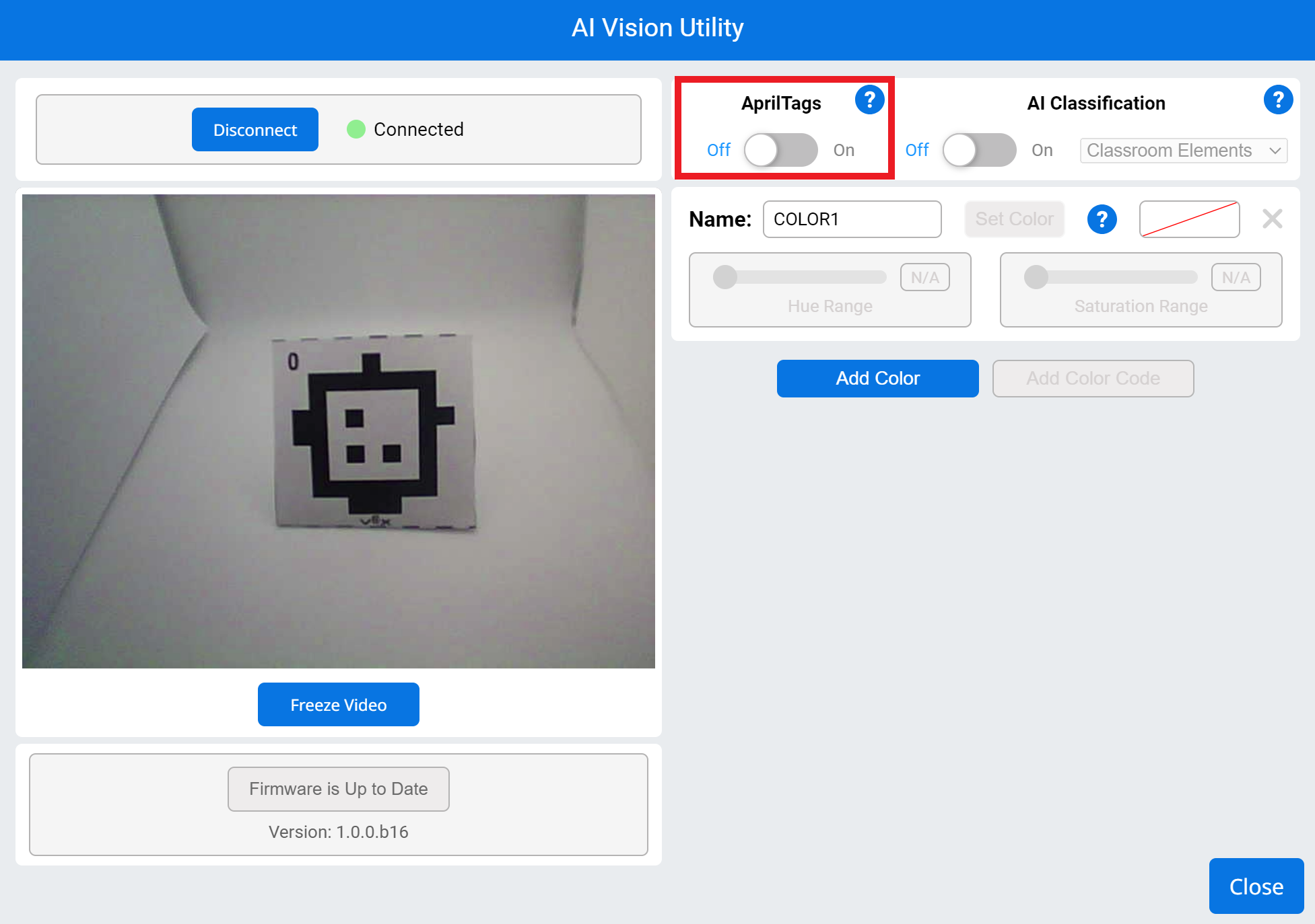 Az AI Vision Utility menüje, amelyen kiemelve található az AprilTags opció. Alapértelmezés szerint ez a beállítás ki van kapcsolva.