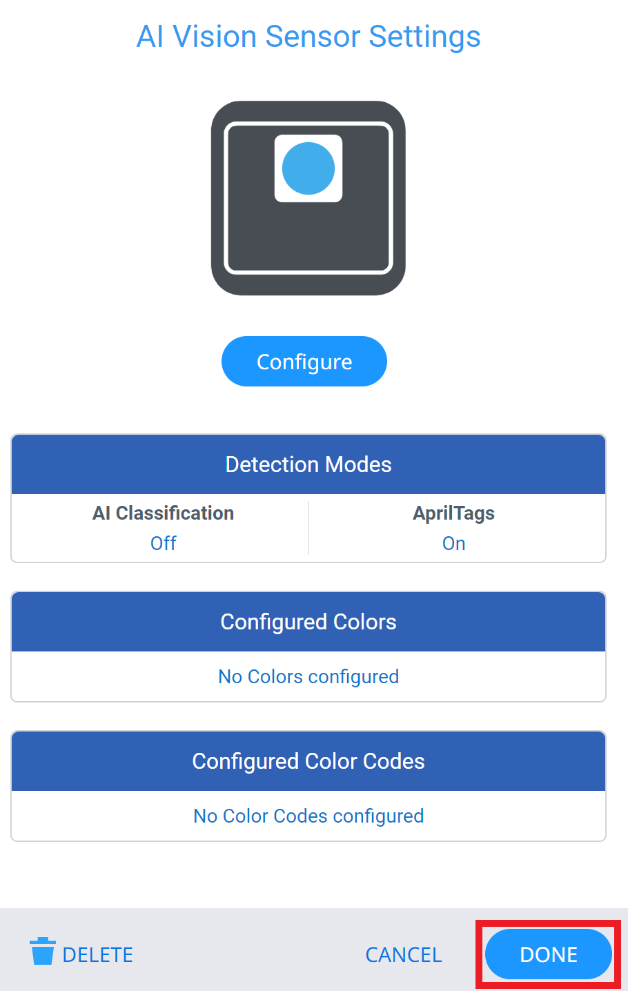 Atidaromas „VEXcode EXP Devices“ meniu ir AI regėjimo jutiklio nustatymų meniu. Nustatymų meniu nurodoma, kad „AprilTags“ aptikimo režimas yra įjungtas. Apatiniame dešiniajame kampe esantis mygtukas „Atlikta“ yra paryškintas.