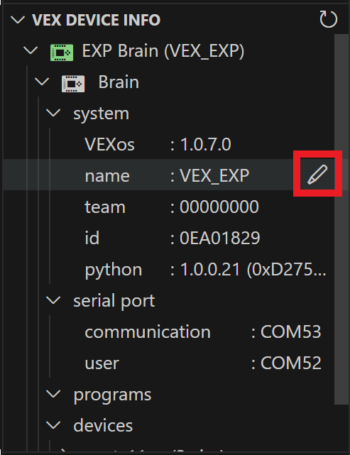 Der Cursor befindet sich über der Option „Name“ im Ordner „System“, und daneben ist ein Stiftsymbol hervorgehoben.