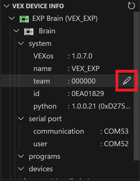 De cursor beweegt over de optie Team in de map Systeem. Ernaast staat een potloodpictogram dat is gemarkeerd.