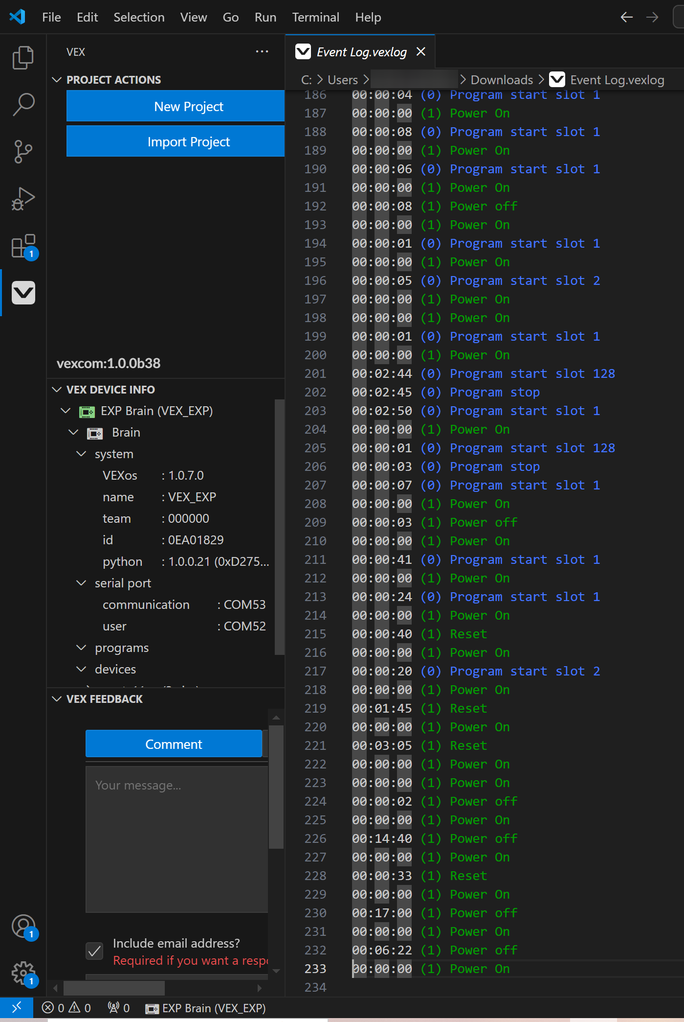 Protokol událostí VEX Brain se zobrazuje otevřený ve VS Code ze složky Stažení uživatele. V protokolu událostí se zobrazí zpráva s časovým razítkem pokaždé, když je Brain zapnut nebo vypnut, nebo když je spuštěn program.