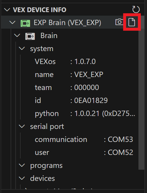 이벤트 로그 아이콘은 카메라 아이콘 오른쪽, VEX 장치 표시기 폴더 제목 옆에 강조 표시됩니다.