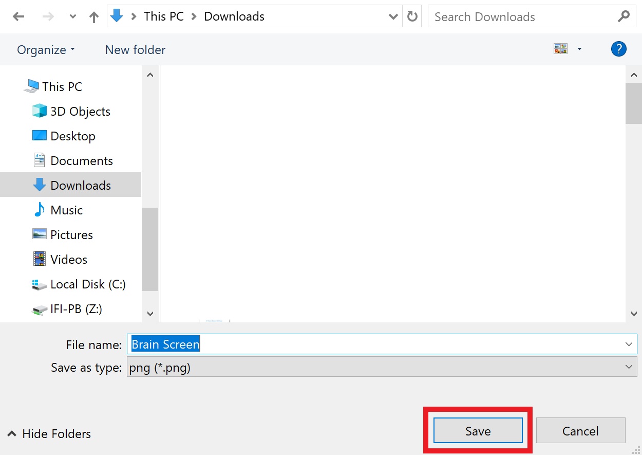 O programa de gestão de ficheiros do dispositivo está aberto e configurado para guardar na pasta Downloads. O novo ficheiro é um png e foi denominado "Brain Screen" (Ecrã Cerebral). Abaixo, o botão Guardar está destacado.