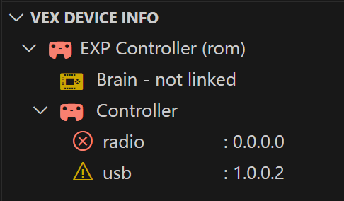 El ícono de la carpeta del controlador y el ícono del indicador de dispositivo VEX se muestran en rojo, y hay símbolos de advertencia junto a la información de radio y USB. Estas señales indican que la versión de VEXos del controlador está desactualizada.