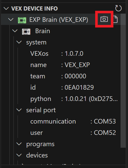 Het camerapictogram wordt gemarkeerd naast de map VEX Device Indicator.