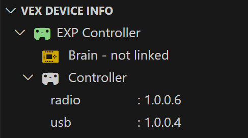 Sekce Informace o zařízení VEX se zobrazenými složkami Indikátor zařízení VEX a Ovladač. Ikona složky VEX Device Indicator je zbarvena zeleně a ikona složky Controller je zbělala. Vedle informací o USB ovladače se nenachází žádný symbol nebezpečí. Tyto znaky naznačují, že firmware VEXos řídicí jednotky je aktuální.