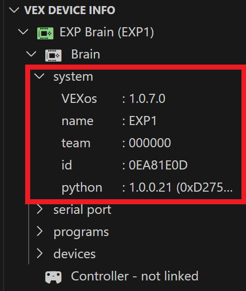 System folder and its contents are shown and highlighted underneath the Brain folder. The system folder has data about the Brain, and the data reads VEXos 1.0.7.0, name VEX_IQ, team 000000, id 0EA81E0D, and Python 1.0.0.21.