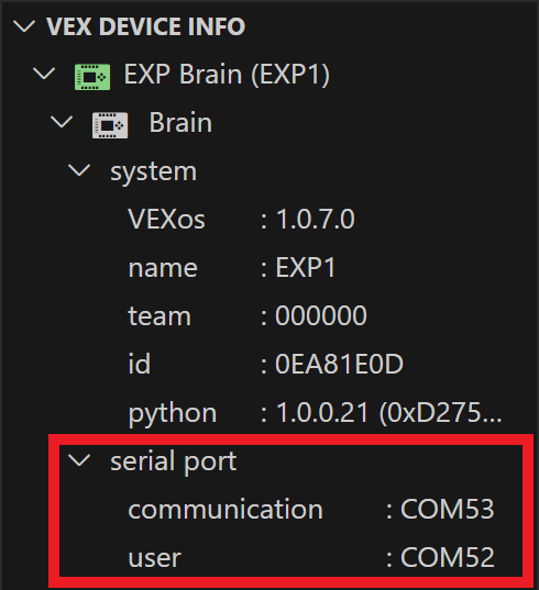 De map Serial Port en de inhoud ervan worden onder de map Brain weergegeven. De map Seriële poort bevat gegevens over de bekabelde verbinding van de Brain. Deze gegevens luiden Communicatie COM53, Gebruiker COM52.