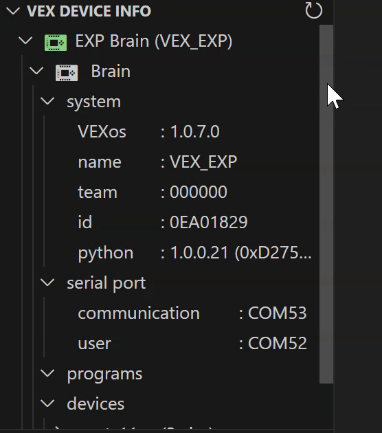 Se ha abierto la extensión VEX Robotics y se muestra la categoría VEX Device Info, con una lista de todos los dispositivos conectados e información específica sobre cada uno. En este ejemplo, se muestran el Cerebro, sus programas descargados y un Controlador.