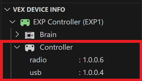 Controller folder and its contents are shown underneath the VEX Device Indicator folder. The Controller folder can be opened to show information specific to the Controller. In this example, the folder's contents read Radio 1.0.0.6 amd USB 1.0.0.4.
