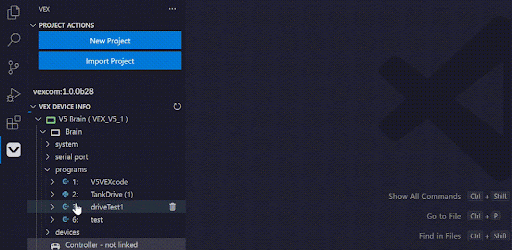 Složka Programy a její obsah se zobrazí pod složkou Brain. V tomto příkladu je uvedeno několik projektů v jazyce C/C++. Každou složku Program lze otevřít a zobrazit tak informace specifické pro daný program. V tomto příkladu byl vybrán program s obsahem Slot 1, Soubor slot_1 bin, Typ C++, Velikost 6,20 kB a Čas Neděle 22. října 14.52.10.