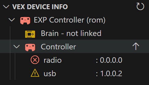 Controller folder icon and the VEX Device Indicator icon are shown in red, and there are warning symbols next to the Radio and USB information. These signs indicate that the Controller's VEXos version is out of date.