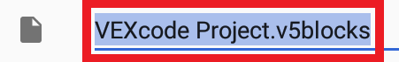 Tiedostokuvake ja nimi VEXcode Project.v5blocks on korostettu sinisellä punaisella ääriviivalla koko osion ympärillä. Kuvake edustaa yleistä tiedostotyyppiä, ja tiedoston nimi näkyy selvästi sen vieressä.
