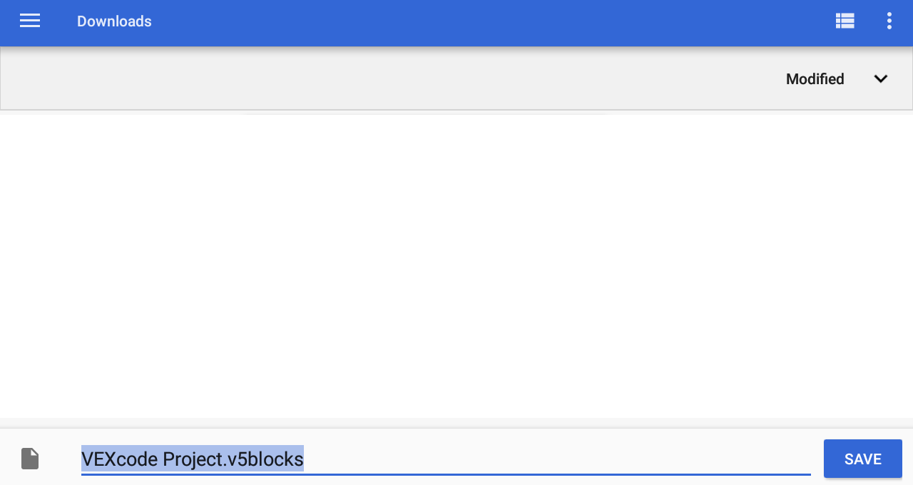 Dialogfenster „Speichern“ in einem Dateibrowser, in dem der Dateiname „VEXcode Project.v5blocks“ unten blau hervorgehoben angezeigt wird. Auf der rechten Seite befindet sich der blaue Speichern-Button, das Dateiverzeichnis trägt die Bezeichnung „Downloads“. Oben rechts ist die Spalte „Geändert“ sichtbar.