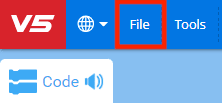 VEXcode V5 -työkalupalkki, jossa tiedosto on korostettu punaisella laatikolla.
