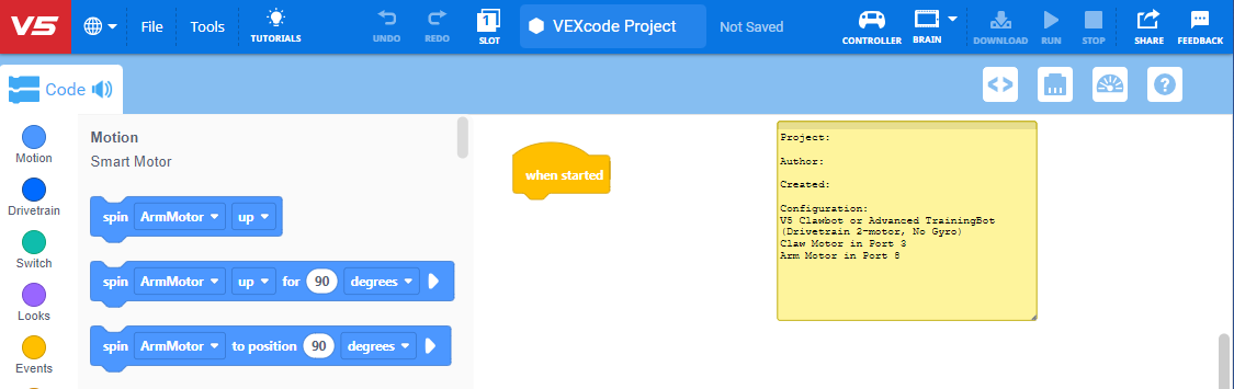 VEXcode V5 -liitäntä Clawbot Drivetrain 2 -moottorilla Ei Gyro-mallia auki työtilassa.