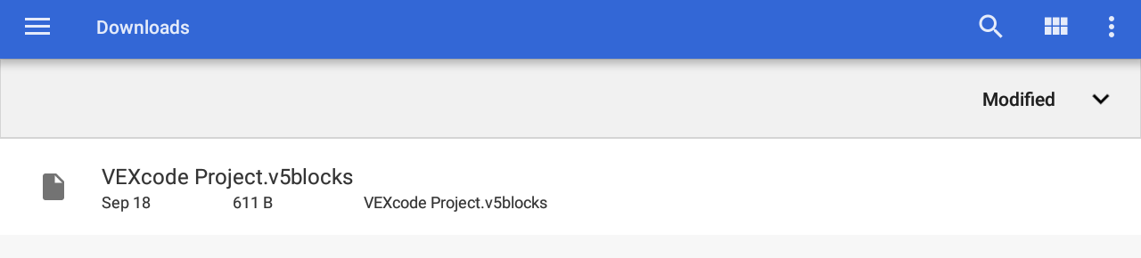 Скриншот страницы загрузок, на которой показан файл с именем VEXcode Project.v5blocks, измененный 18 сентября. Размер файла составляет 611 байт, а тип файла отображается как v5blocks.