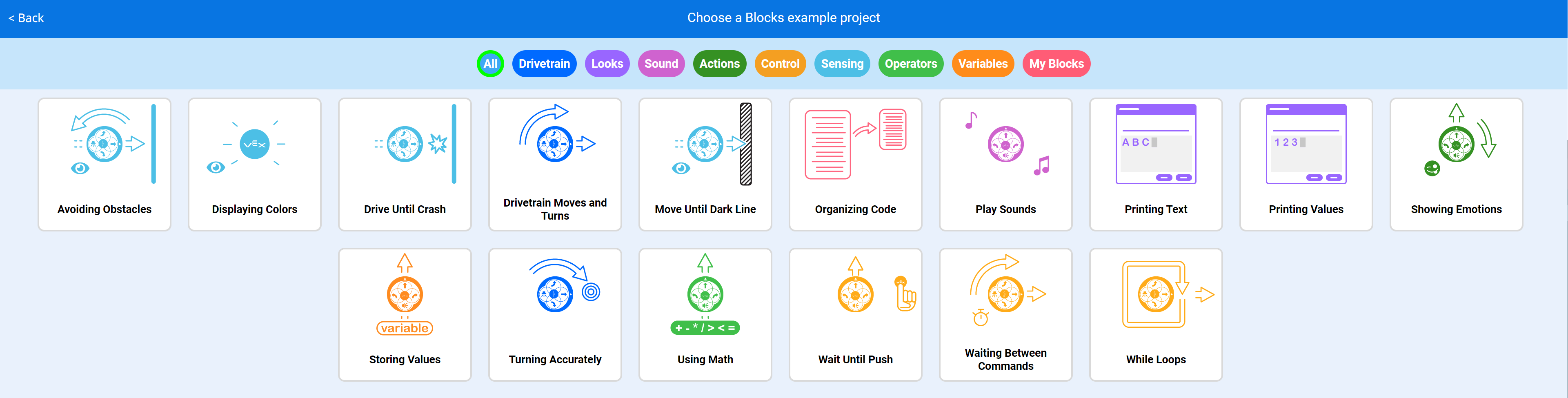VEXcode Blocks Példaprojektek menü számos projekttel különböző kategóriákban, amelyek közül választhat.