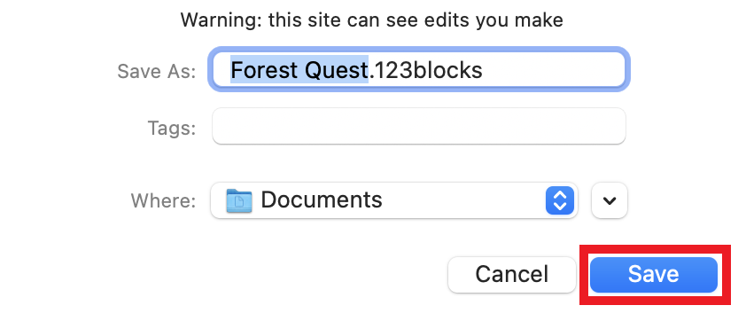 O menu Guardar ficheiro do dispositivo está aberto e configurado para guardar na pasta Documentos, com o nome do projeto alterado para Forest Quest e o botão Guardar no canto inferior direito destacado.