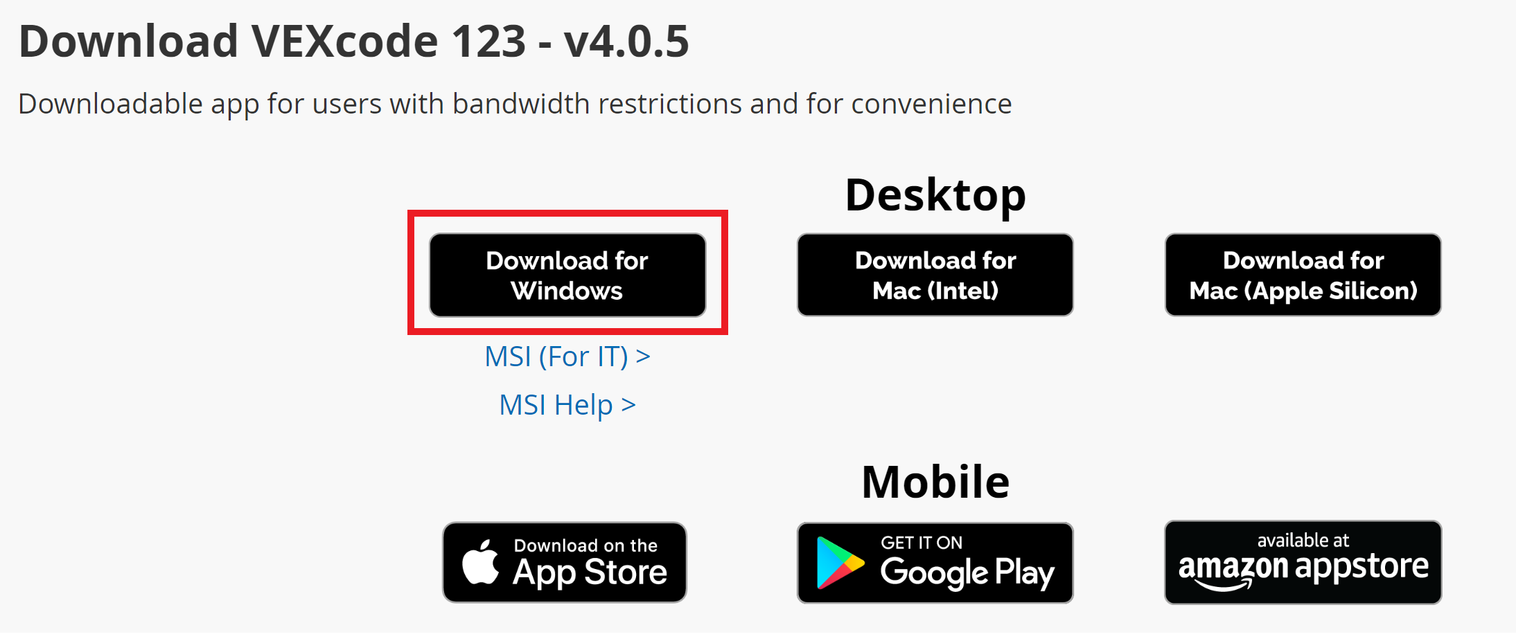 خيارات التنزيل لأنظمة سطح المكتب بما في ذلك أنظمة تشغيل Windows وMac Intel وMac Apple Silicon. تم تمييز خيار التنزيل لنظام التشغيل Windows.