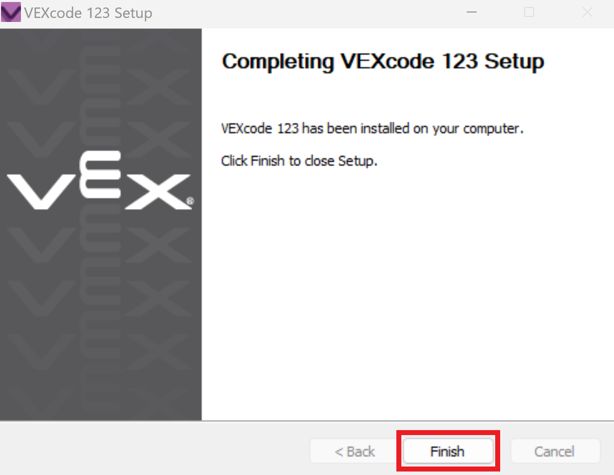 Окно настройки VEXcode 123, отображающее экран завершения настройки VEXcode 123. Кнопка «Готово» ниже выделена.