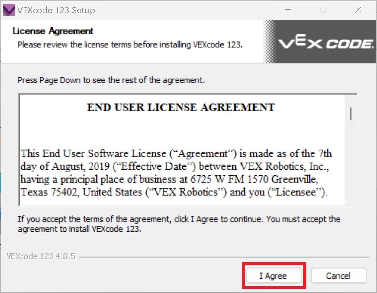 VEXcode 123 sąrankos langas, kuriame rodoma licencijos sutartis. Žemiau esantis mygtukas Sutinku yra paryškintas.