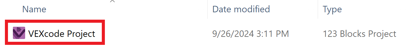 Het eerder opgeslagen VEXcode 123-project is zichtbaar in de bestanden van het apparaat en wordt gemarkeerd.