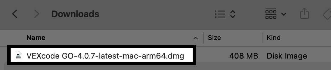 مثبت VEXcode 123 كما هو موضح في Finder بعد تنزيله لنظام التشغيل Mac.