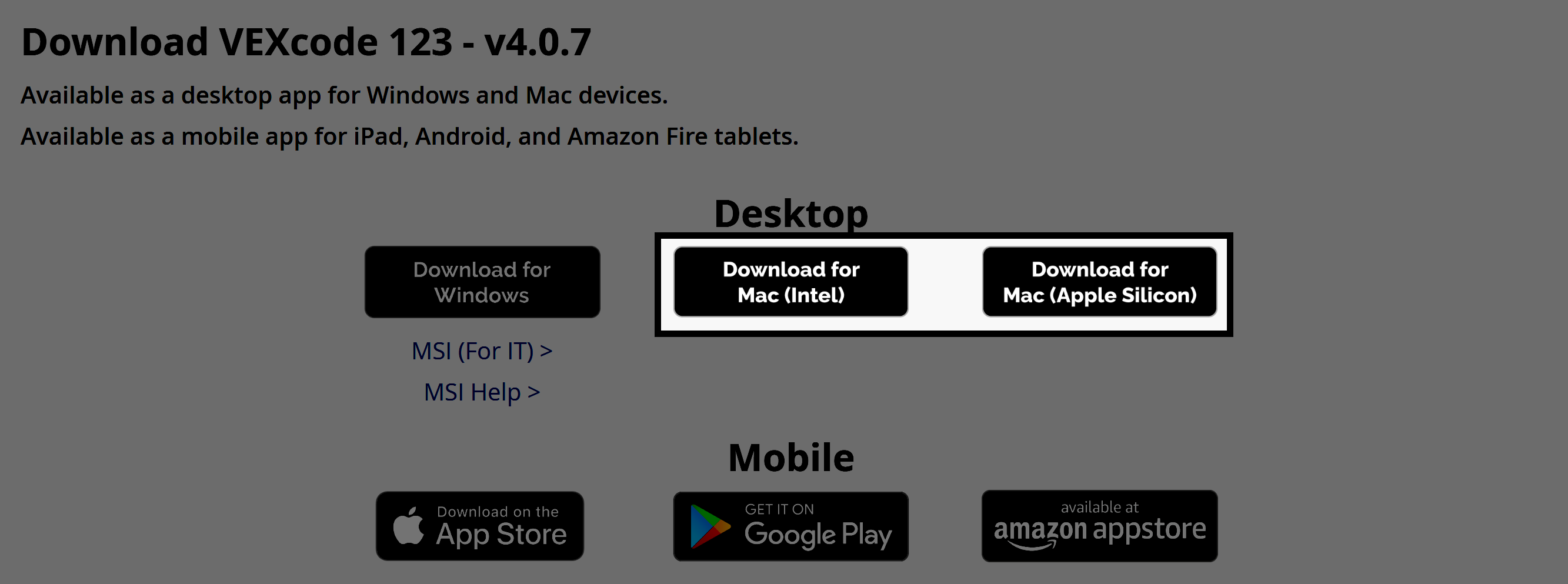 Le opzioni di download per Desktop includono le piattaforme Windows, Mac Intel e Mac Apple Silicon. Sono evidenziate le due opzioni Scarica per Mac.